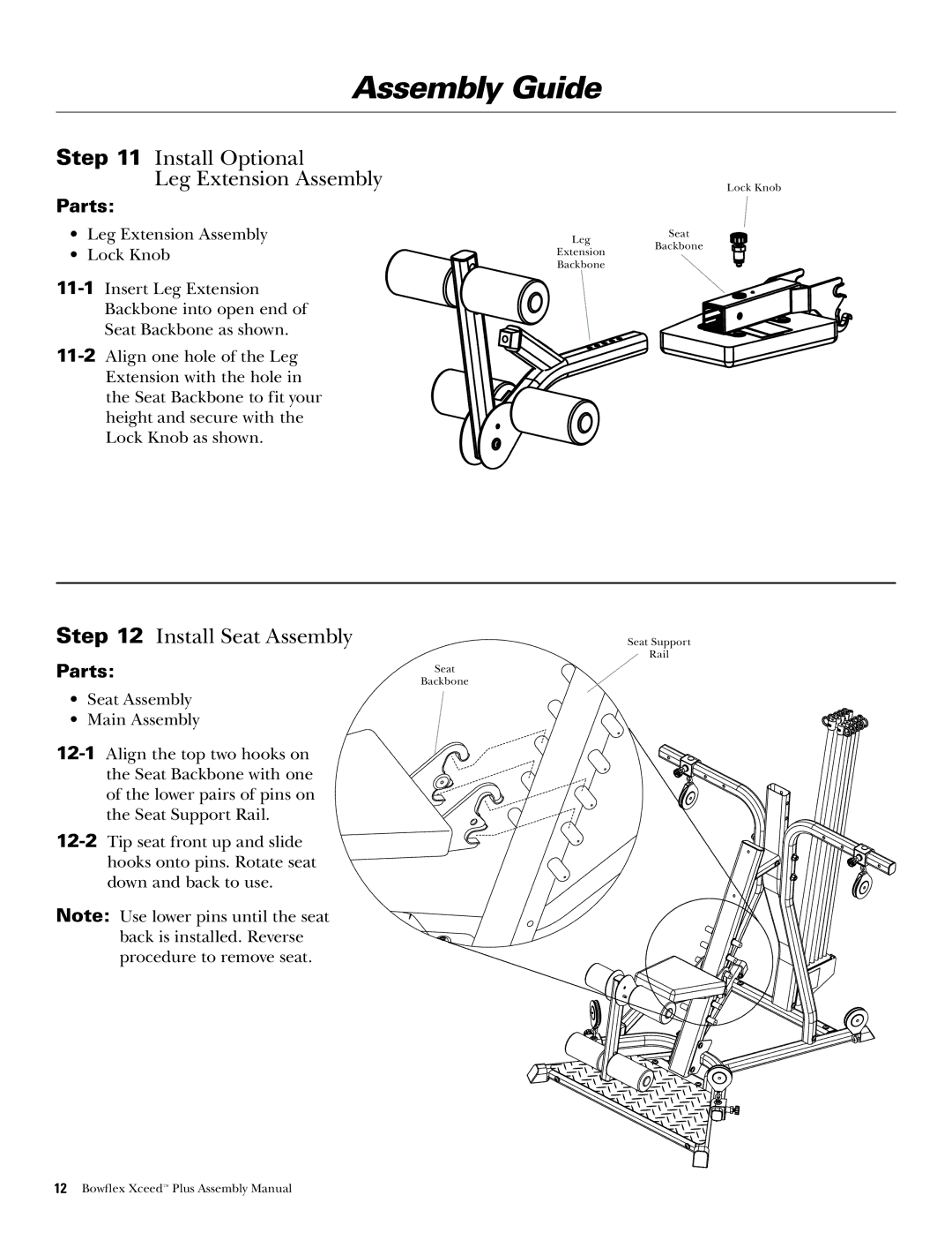 Bowflex Xceed Plus manual Install Optional Leg Extension Assembly, Install Seat Assembly 