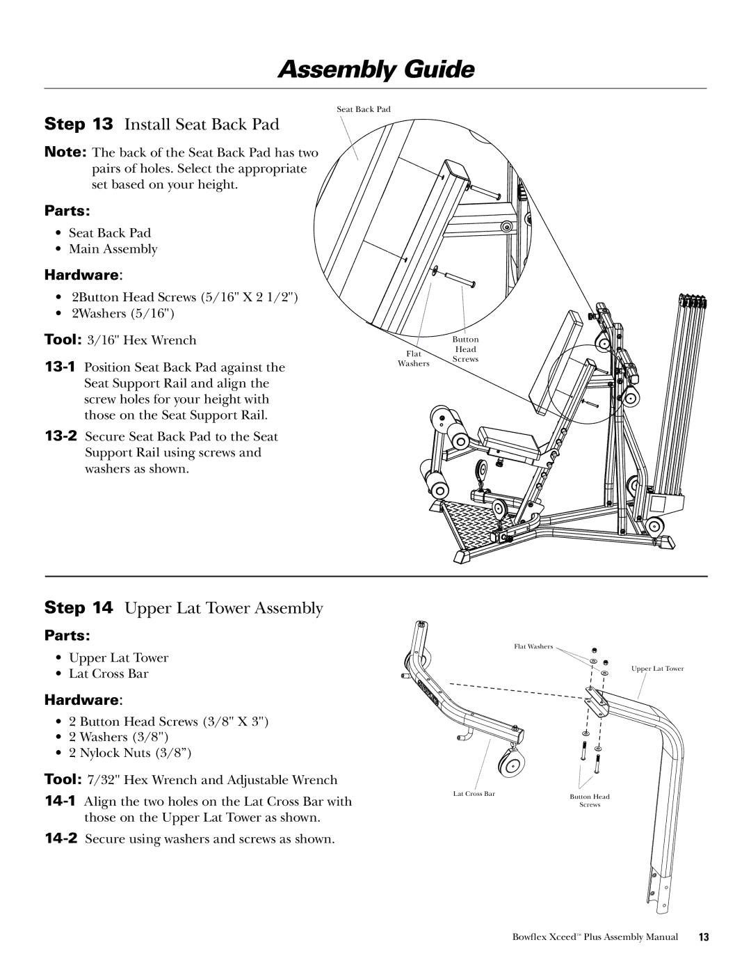 Bowflex Xceed Plus manual Install Seat Back Pad, Upper Lat Tower Assembly 