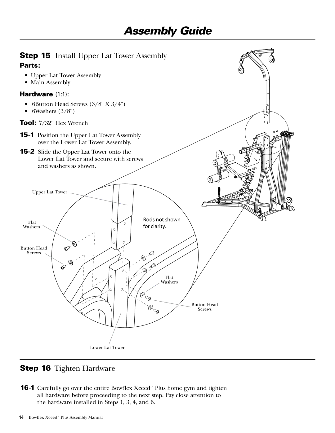 Bowflex Xceed Plus manual Install Upper Lat Tower Assembly, Tighten Hardware 