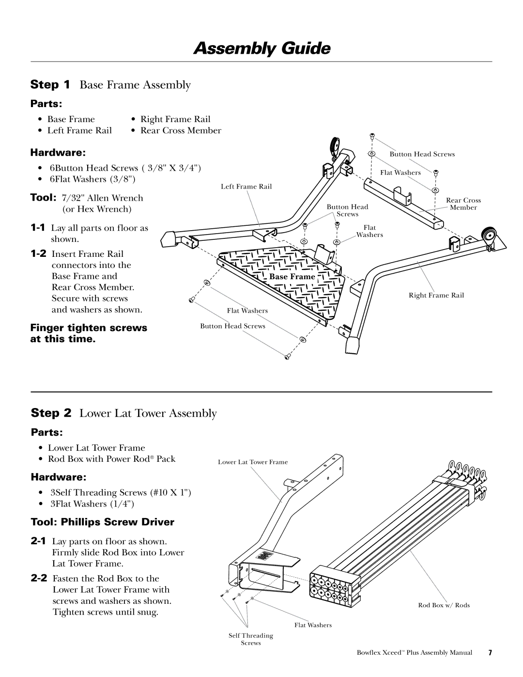 Bowflex Xceed Plus manual Assembly Guide, Base Frame Assembly, Lower Lat Tower Assembly 