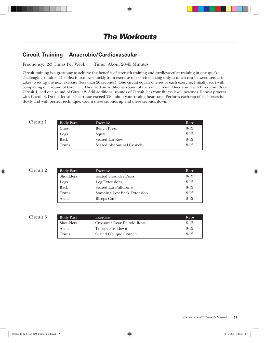 Bowflex Xceed manual Circuit Training Anaerobic/Cardiovascular, Frequency 2-3 Times Per Week Time About 20-45 Minutes 