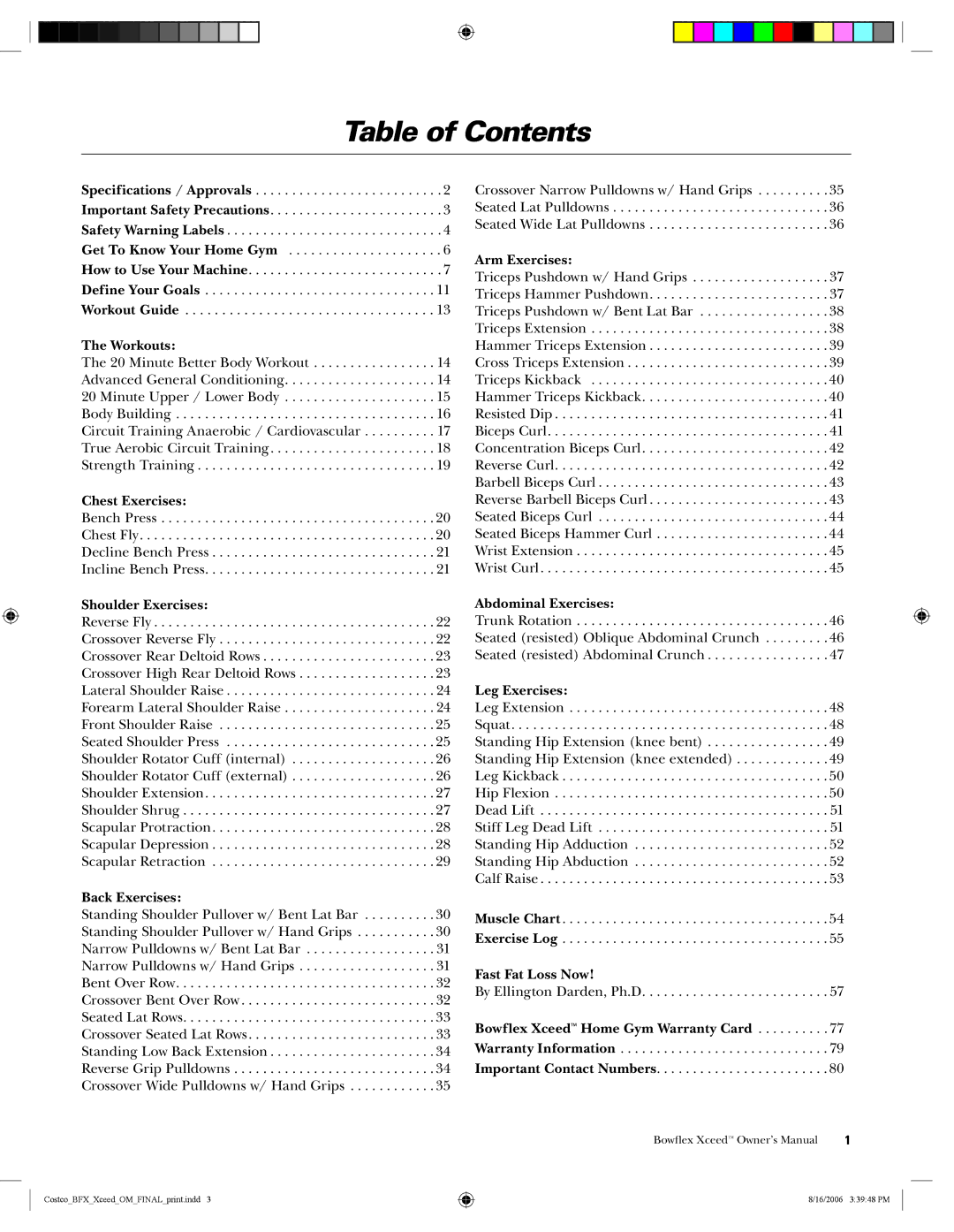 Bowflex Xceed manual Table of Contents 