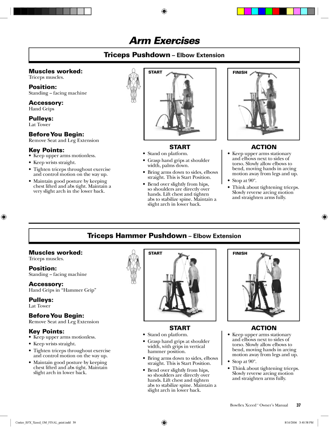 Bowflex Xceed manual Arm Exercises, Triceps Pushdown Elbow Extension, Triceps Hammer Pushdown Elbow Extension 