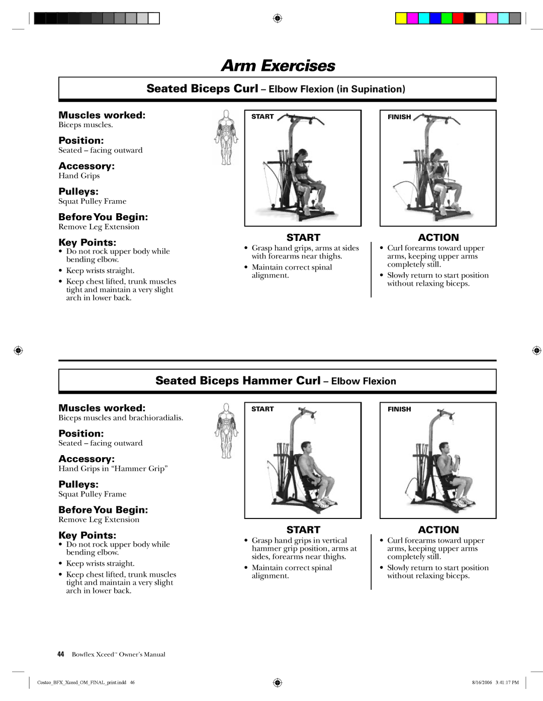 Bowflex Xceed manual Seated Biceps Hammer Curl Elbow Flexion, Start Action 