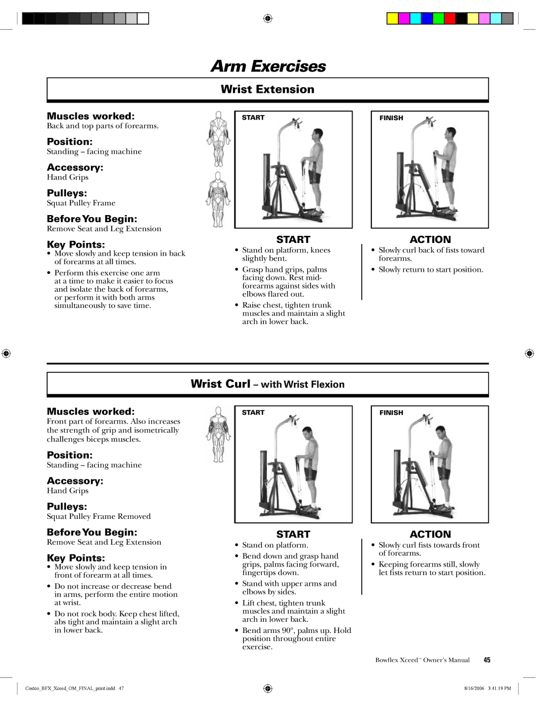 Bowflex Xceed manual Wrist Extension, Wrist Curl with Wrist Flexion Muscles worked 