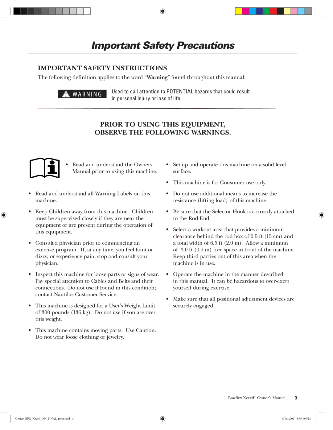 Bowflex Xceed manual Important Safety Precautions, Important Safety Instructions 