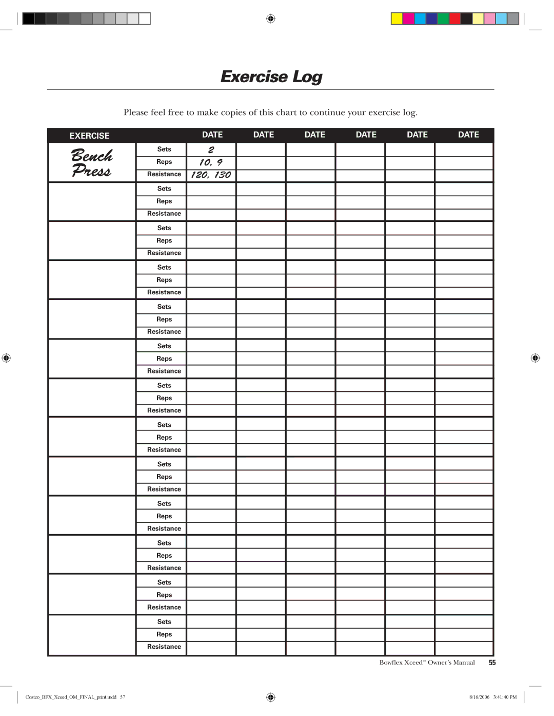 Bowflex Xceed manual Exercise Log, Exercise Date 