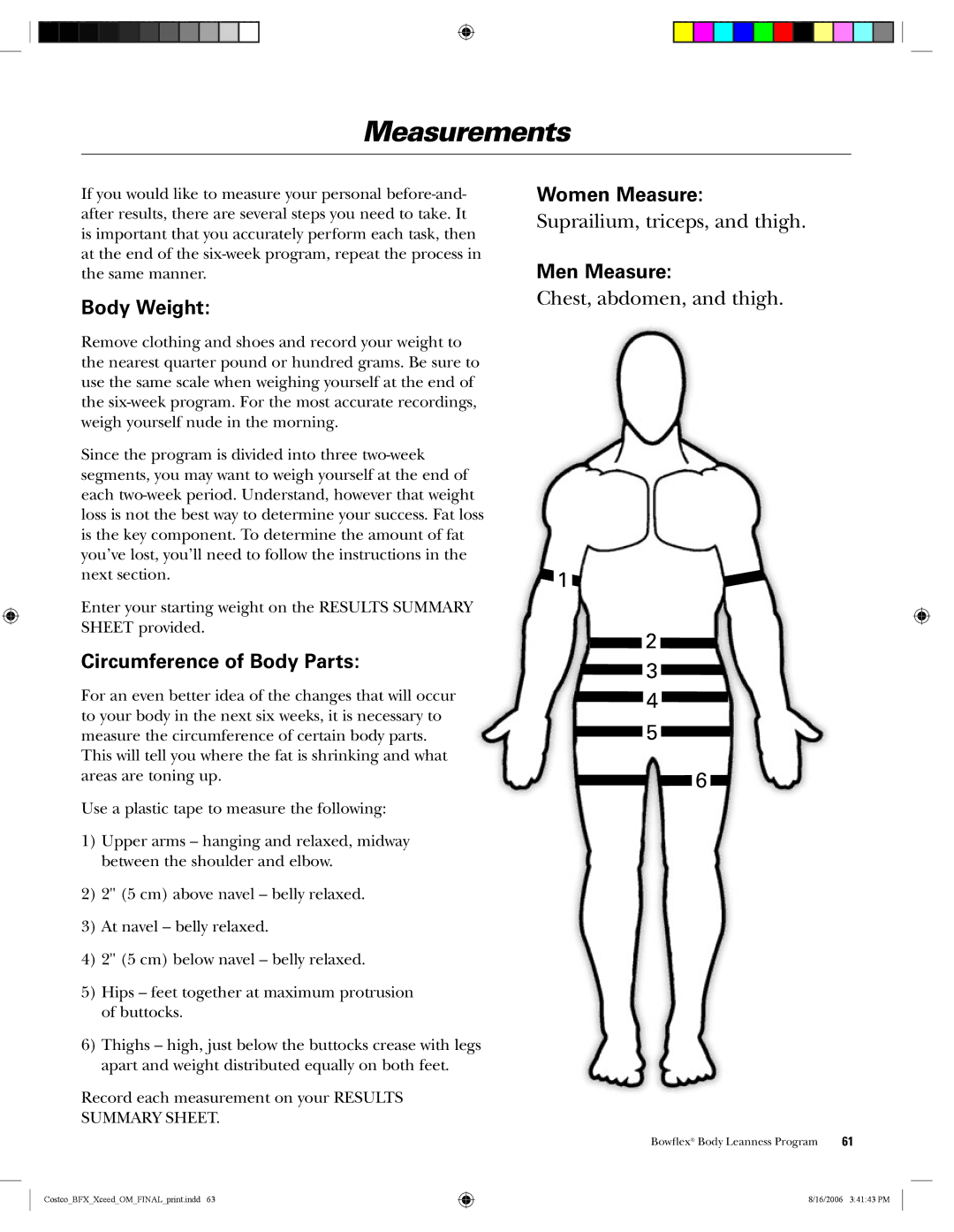 Bowflex Xceed manual Measurements, Body Weight, Circumference of Body Parts 