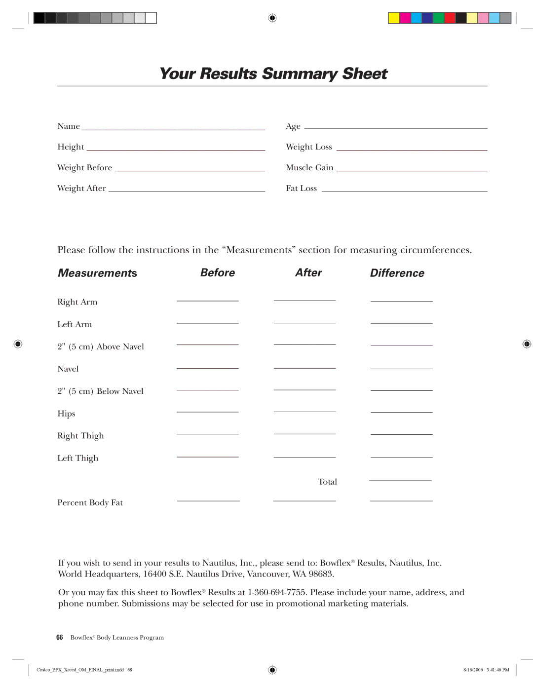 Bowflex Xceed manual Your Results Summary Sheet, Measurement s Before After 