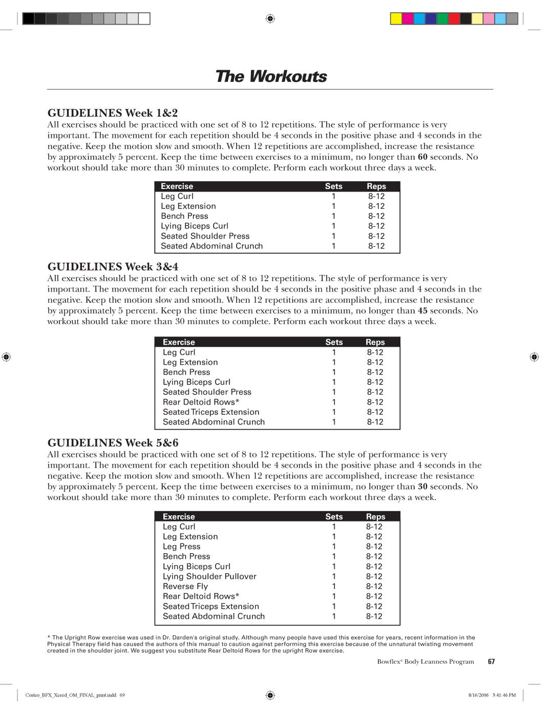 Bowflex Xceed manual Guidelines Week 1&2, Guidelines Week 3&4, Guidelines Week 5&6 