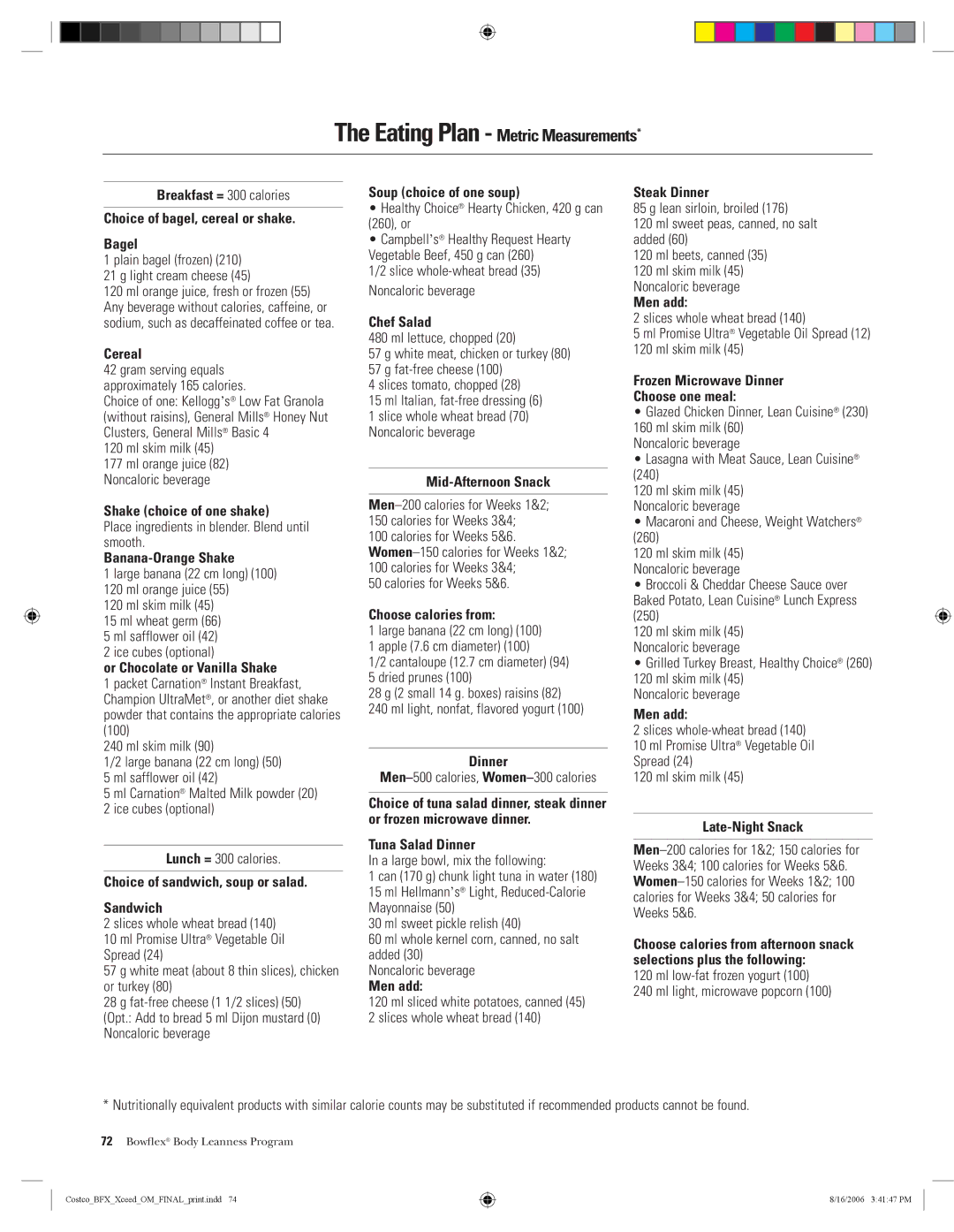 Bowflex Xceed manual Eating Plan Metric Measurements 