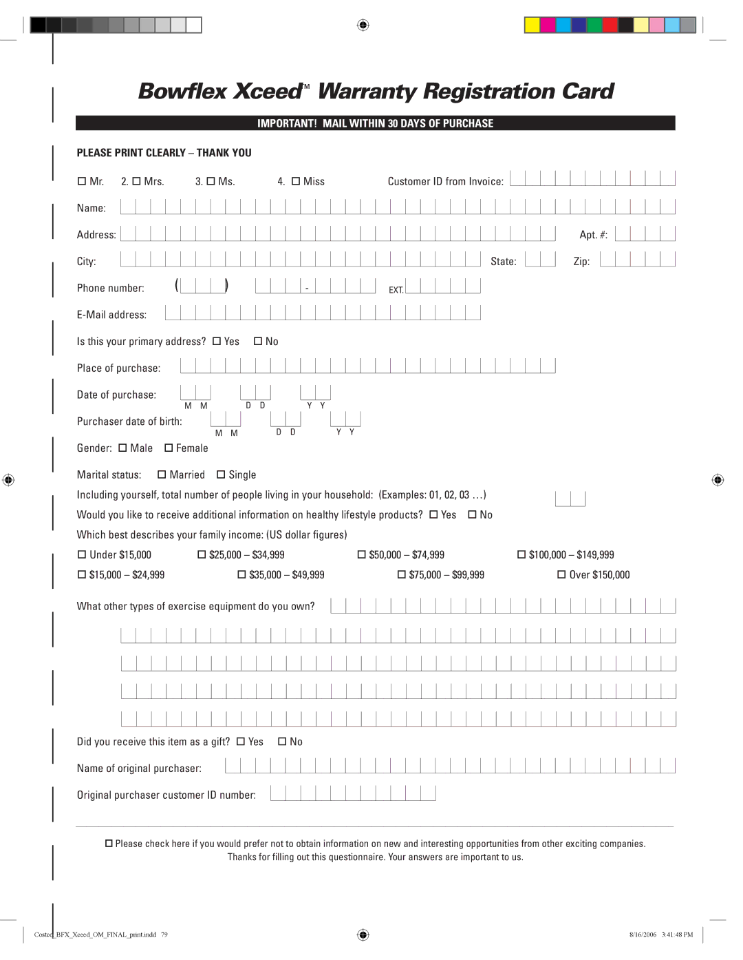 Bowflex manual Bowflex Xceed Warranty Registration Card, IMPORTANT! Mail Within 30 Days of Purchase 