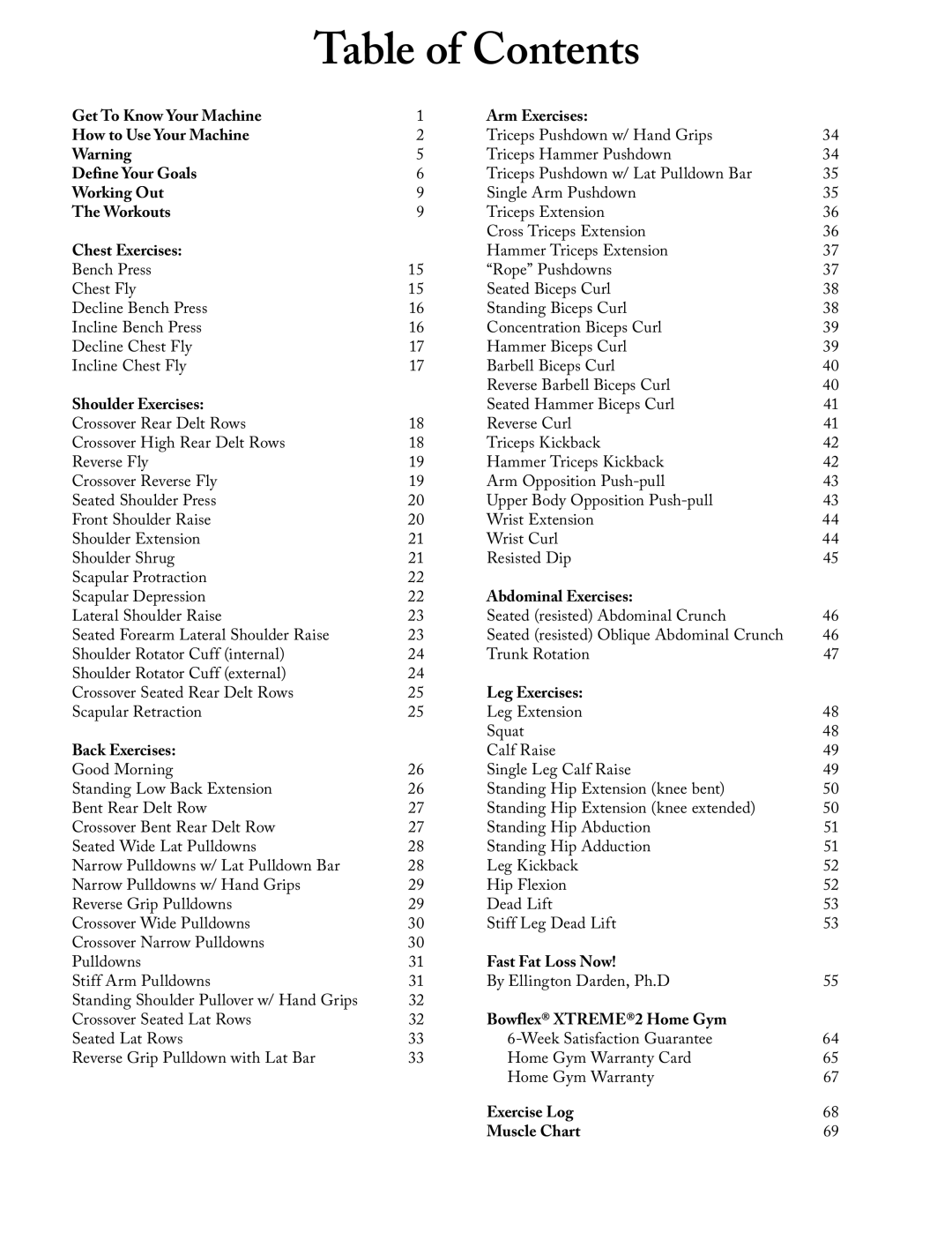 Bowflex Xtreme 2 SE manual Table of Contents 