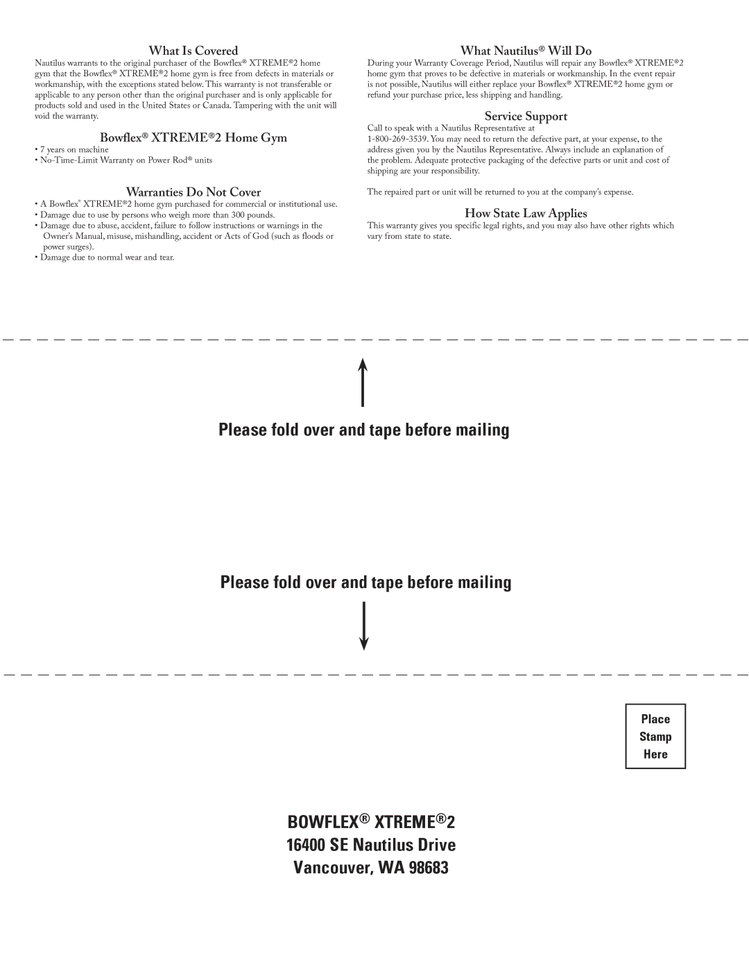 Bowflex Xtreme 2 SE manual Please fold over and tape before mailing, SE Nautilus Drive Vancouver, WA 