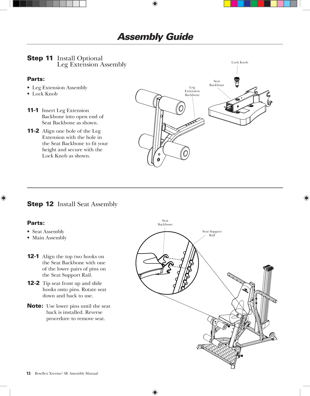 Bowflex XtremeSE manual Install Optional Leg Extension Assembly, Install Seat Assembly 