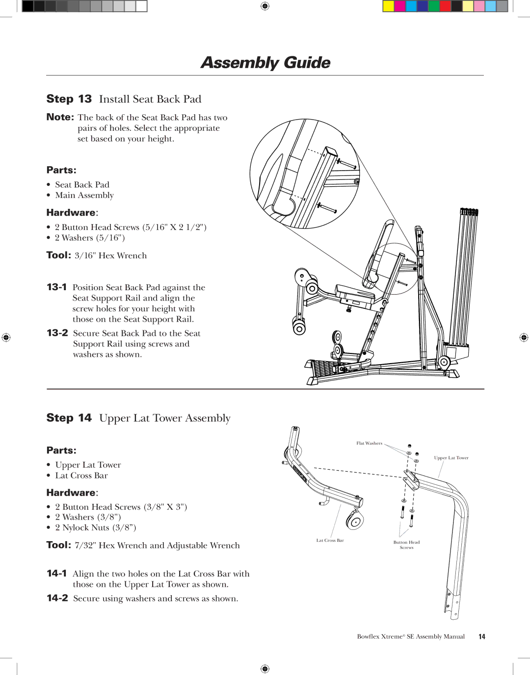 Bowflex XtremeSE manual Install Seat Back Pad, Upper Lat Tower Assembly 