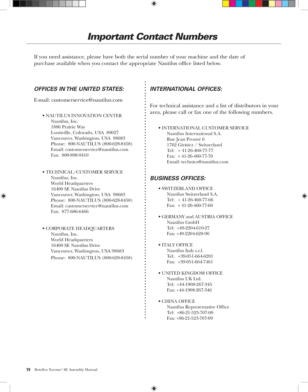 Bowflex XtremeSE manual Important Contact Numbers, Offices in the United States 