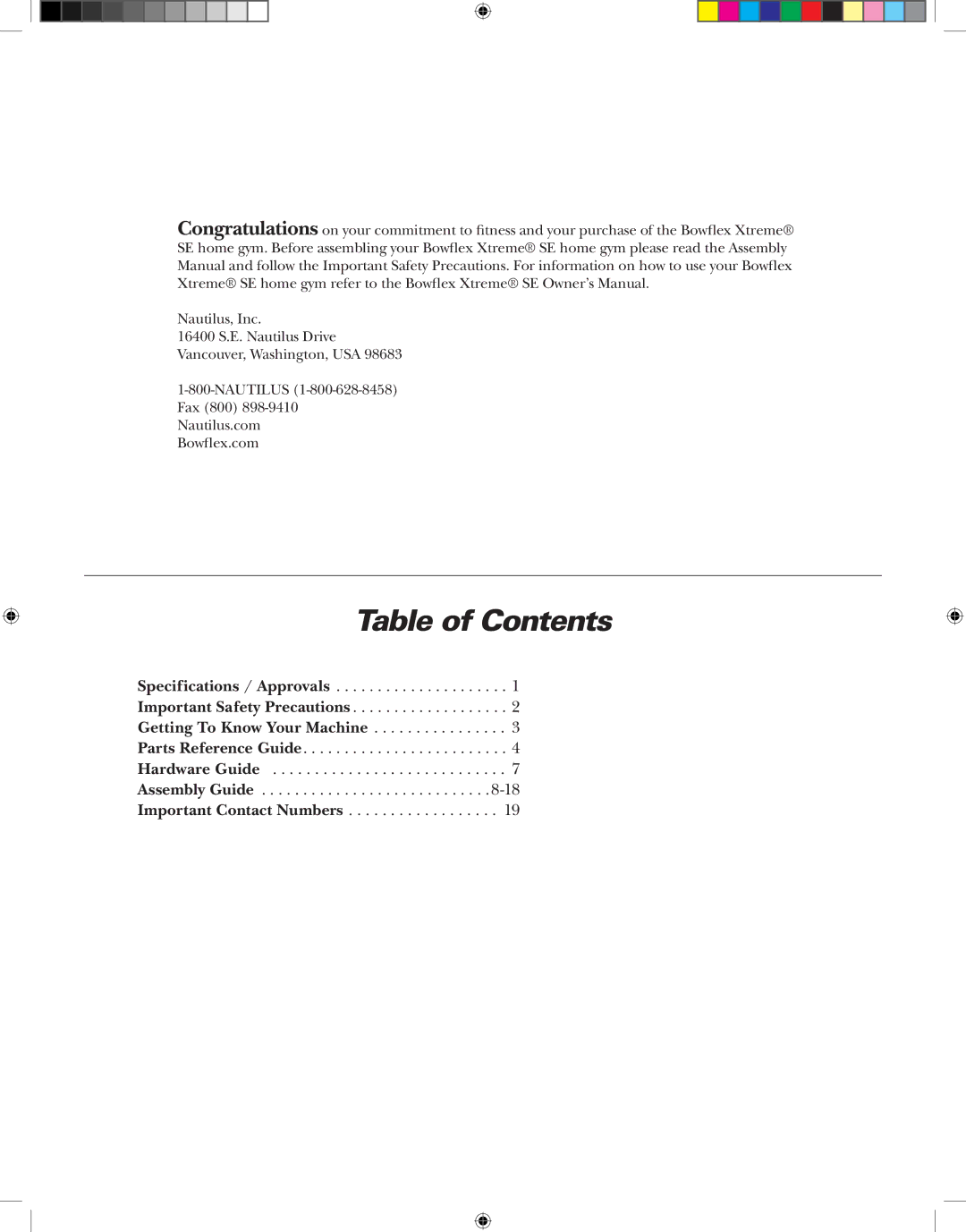 Bowflex XtremeSE manual Table of Contents 