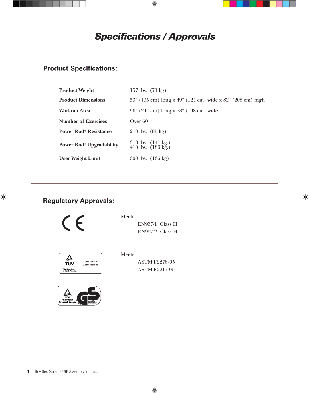 Bowflex XtremeSE manual Specifications / Approvals, Product Specifications 