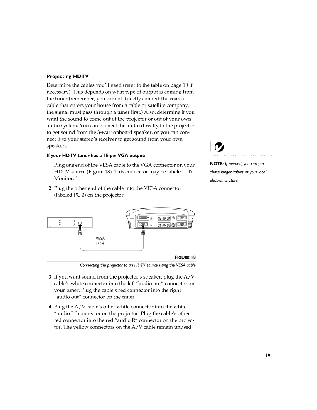 BOXLIGHT 12SF manual Projecting Hdtv, If your Hdtv tuner has a 15-pin VGA output 