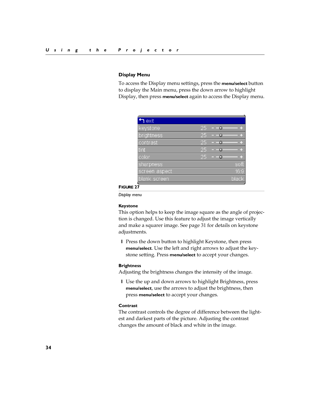 BOXLIGHT 12SF manual Display Menu, Keystone, Brightness, Contrast 