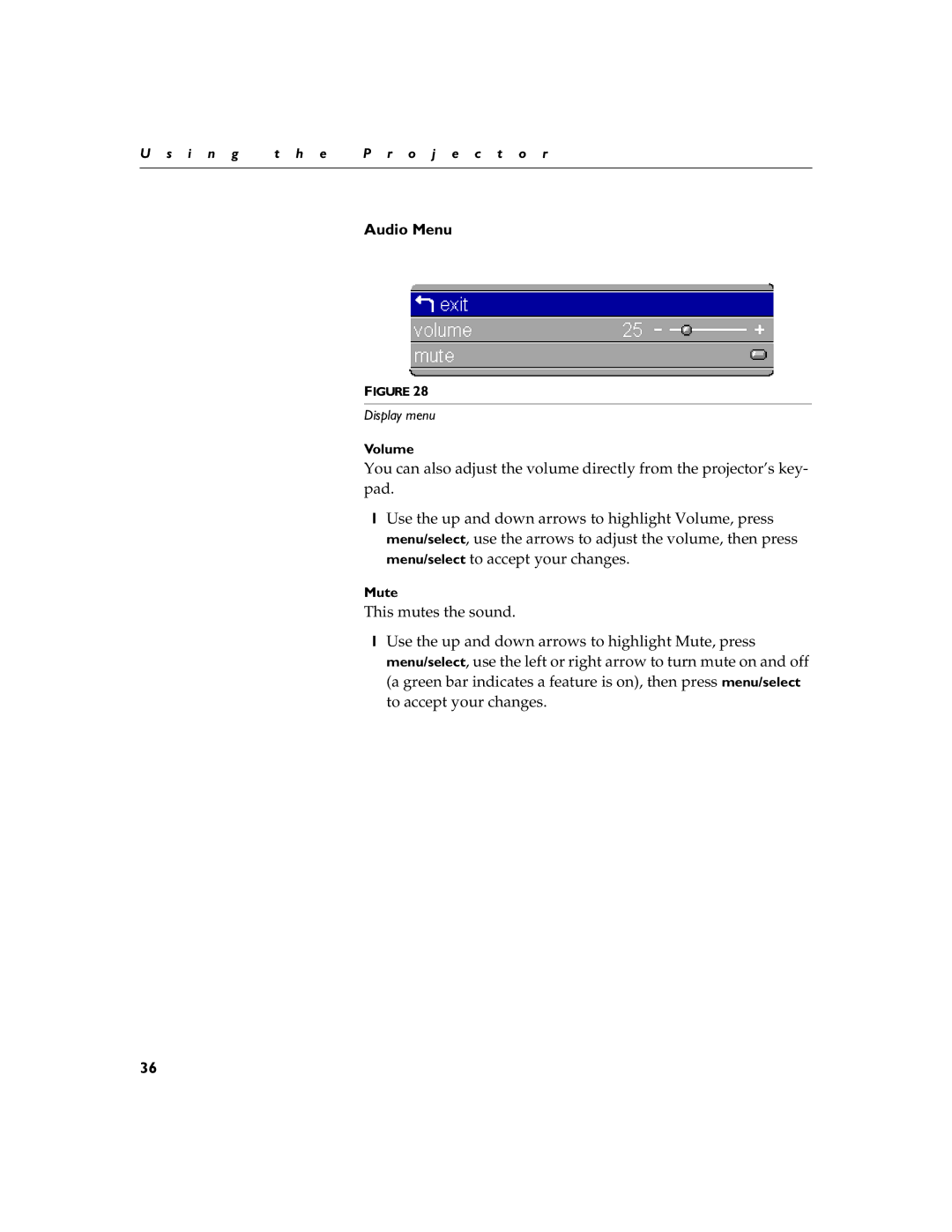 BOXLIGHT 12SF manual Audio Menu, Volume, Mute 