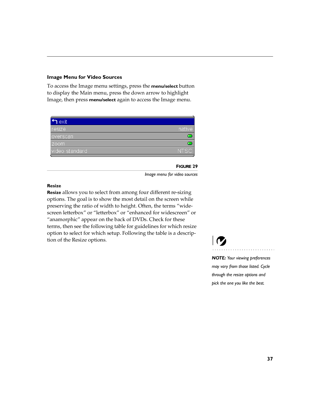 BOXLIGHT 12SF manual Image Menu for Video Sources, Resize 