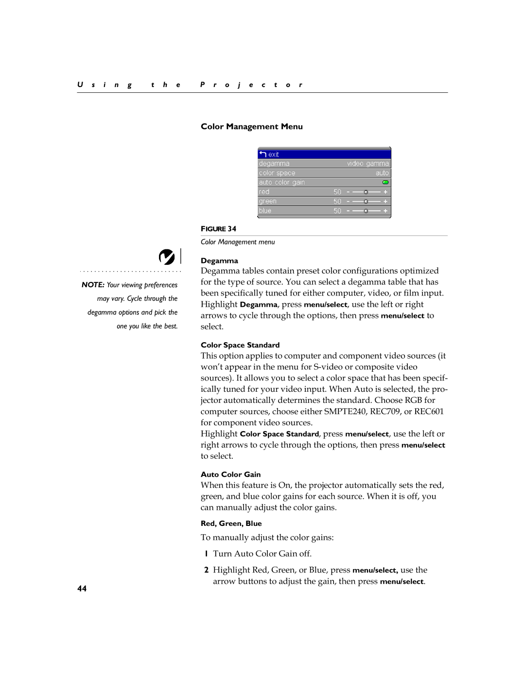 BOXLIGHT 12SF manual Color Management Menu, Irufrpsrqhqwylghrvrxufhv, 7RPDQXDOO\DGMXVWWKHFRORUJDLQV 7XUQ$XWR&RORU*DLQRII 