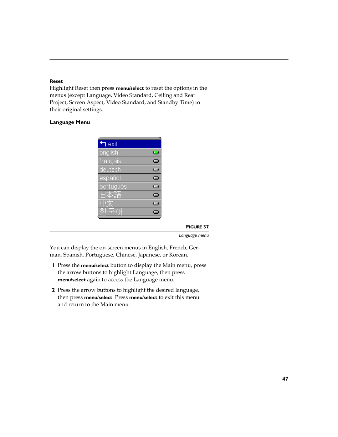 BOXLIGHT 12SF manual Wkhluruljlqdovhwwlqjv, Language Menu, Reset 