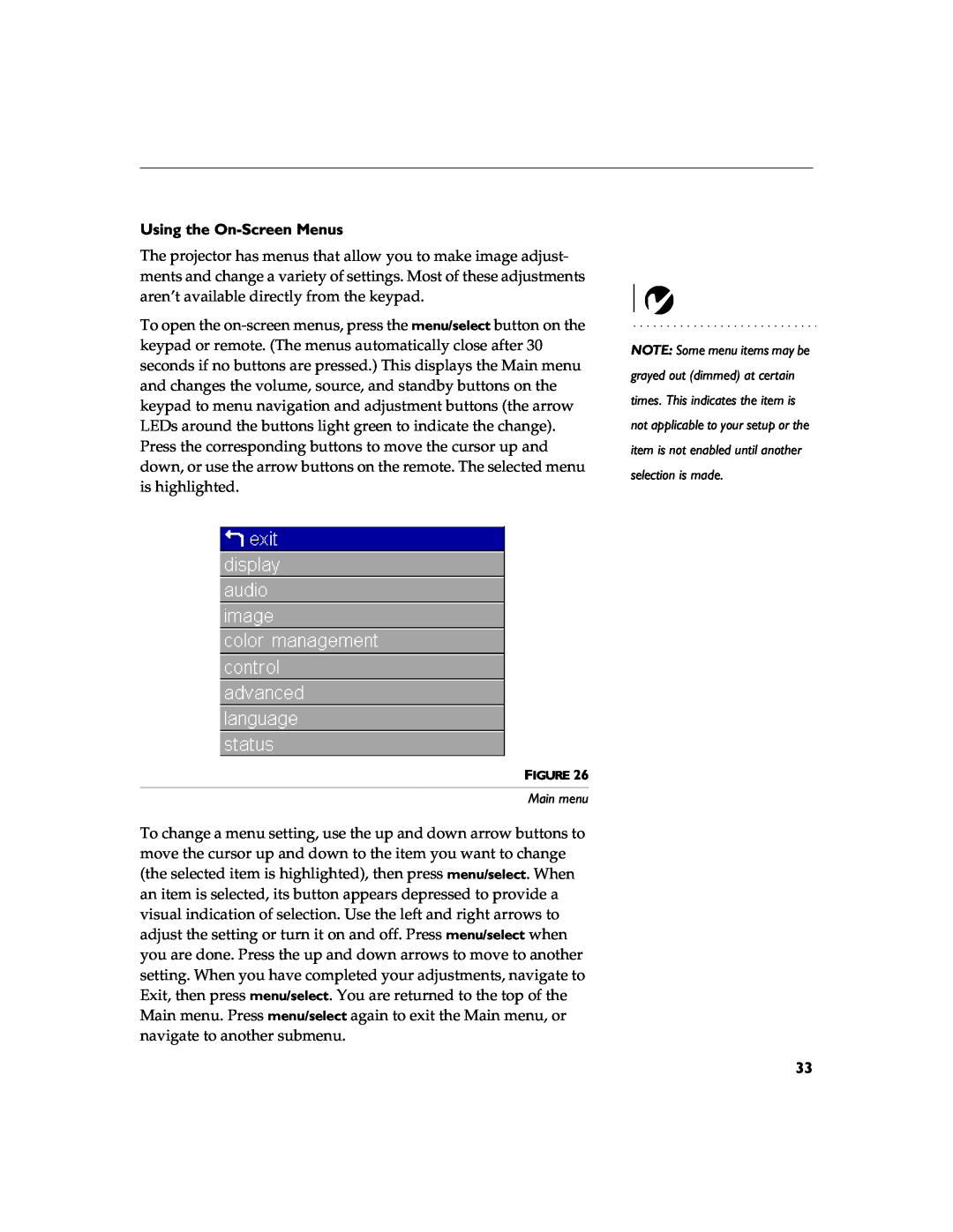 BOXLIGHT 12SF manual Using the On-Screen Menus, Main menu 