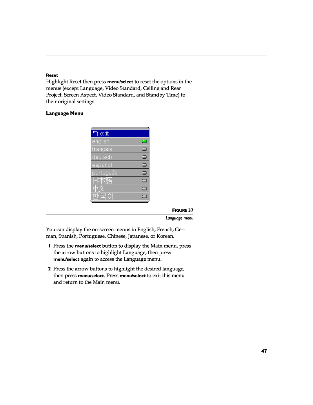 BOXLIGHT 12SF manual Wkhluruljlqdovhwwlqjv, Language Menu, Reset, Language menu 