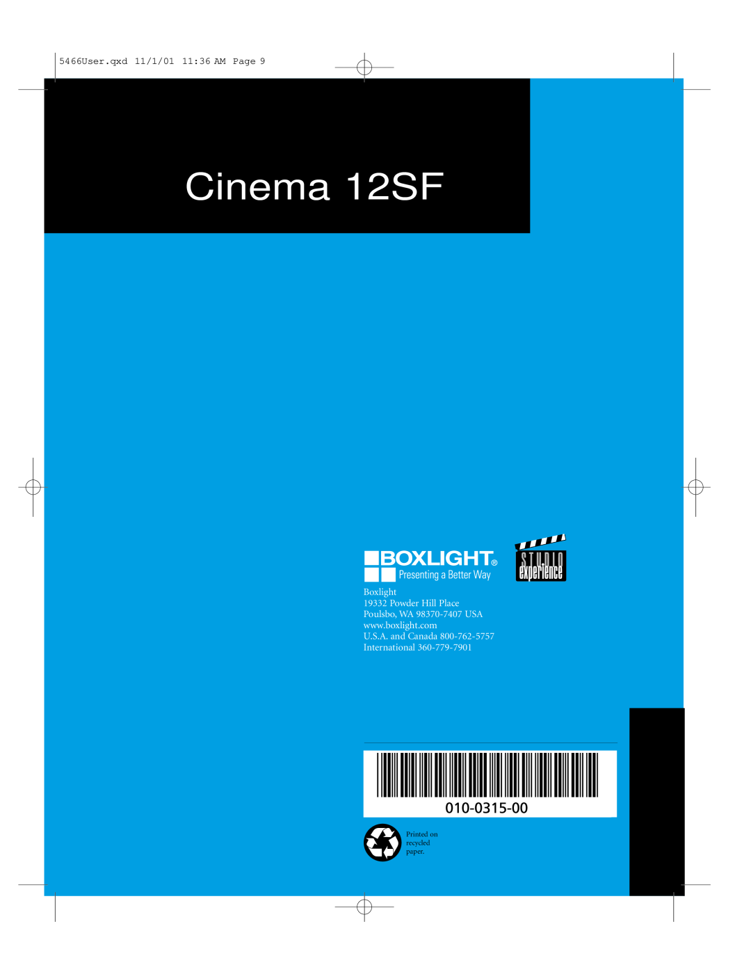 BOXLIGHT manual Cinema 12SF, 5466User.qxd 11/1/01 1136 AM Page, Boxlight, U.S.A. and Canada 800-762-5757 International 