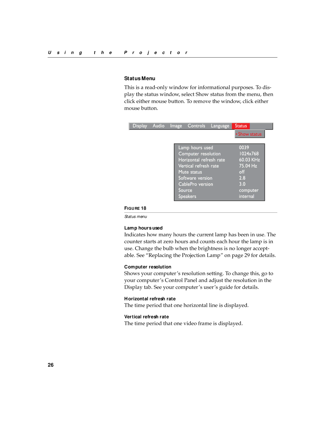 BOXLIGHT CD-40m manual Status Menu 