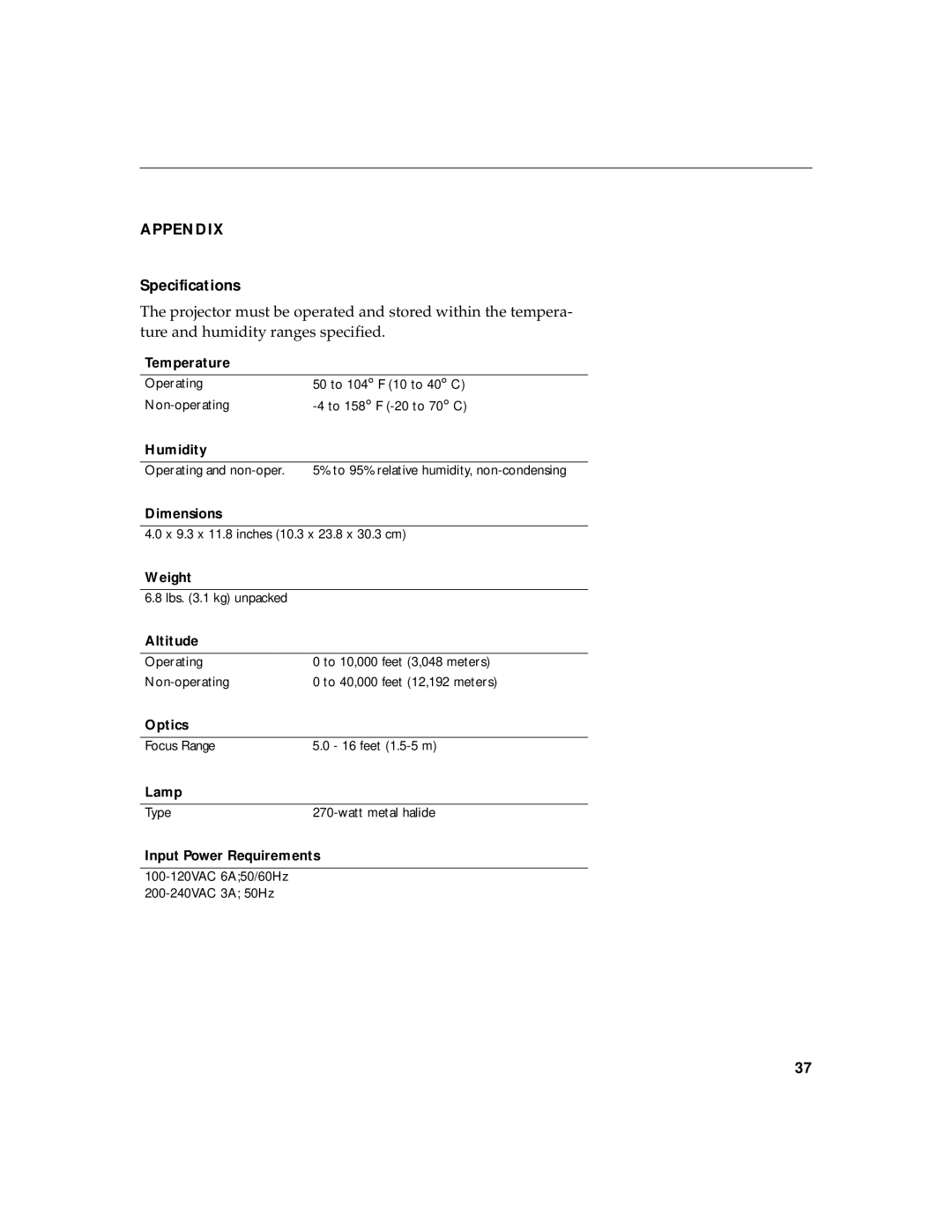 BOXLIGHT CD-40m manual Appendix, Specifications 