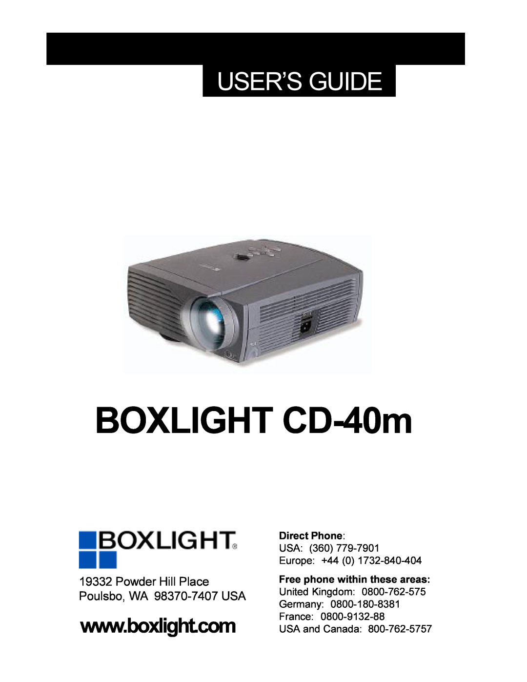 BOXLIGHT manual BOXLIGHT CD-40m, User’S Guide, Powder Hill Place Poulsbo, WA 98370-7407 USA, Direct Phone 