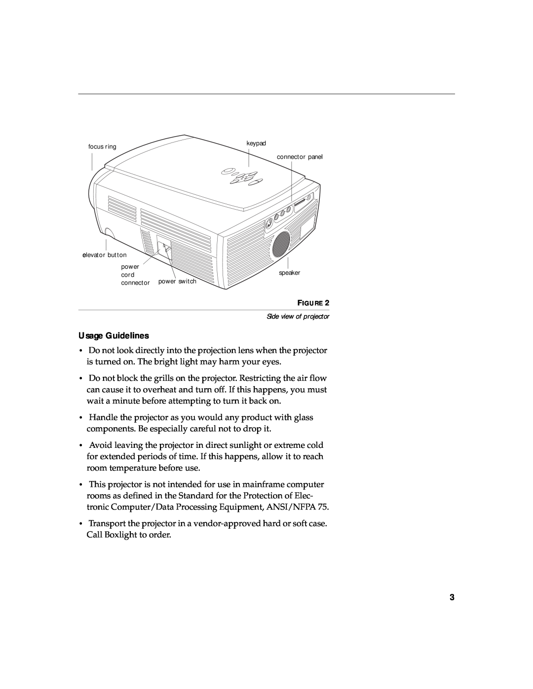 BOXLIGHT CD-40m manual Usage Guidelines, Side view of projector 