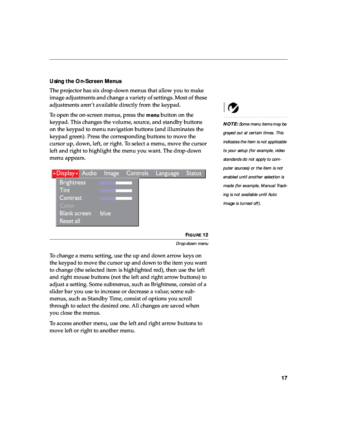 BOXLIGHT CD-40m manual Using the On-Screen Menus, Drop-down menu 