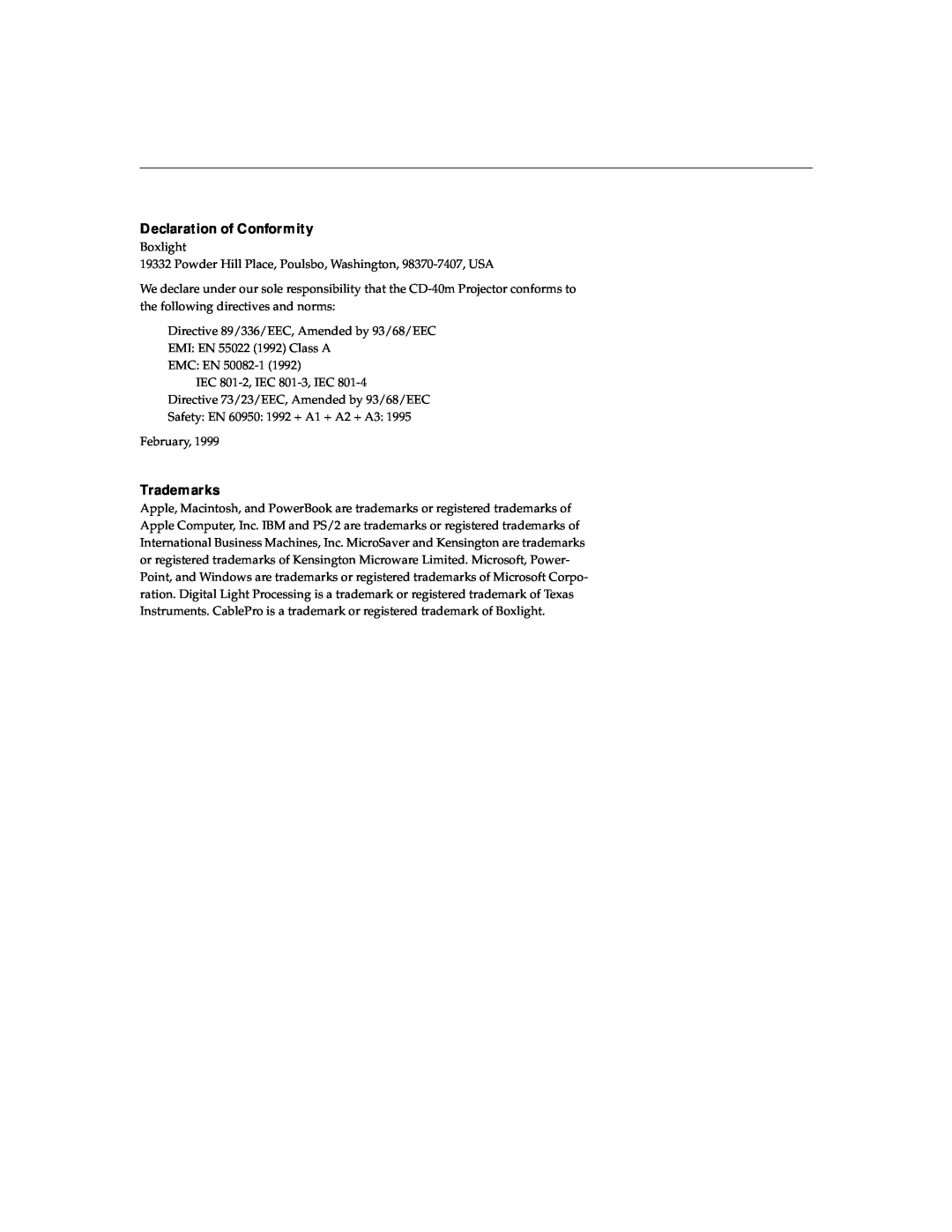 BOXLIGHT CD-40m manual Declaration of Conformity, Trademarks 