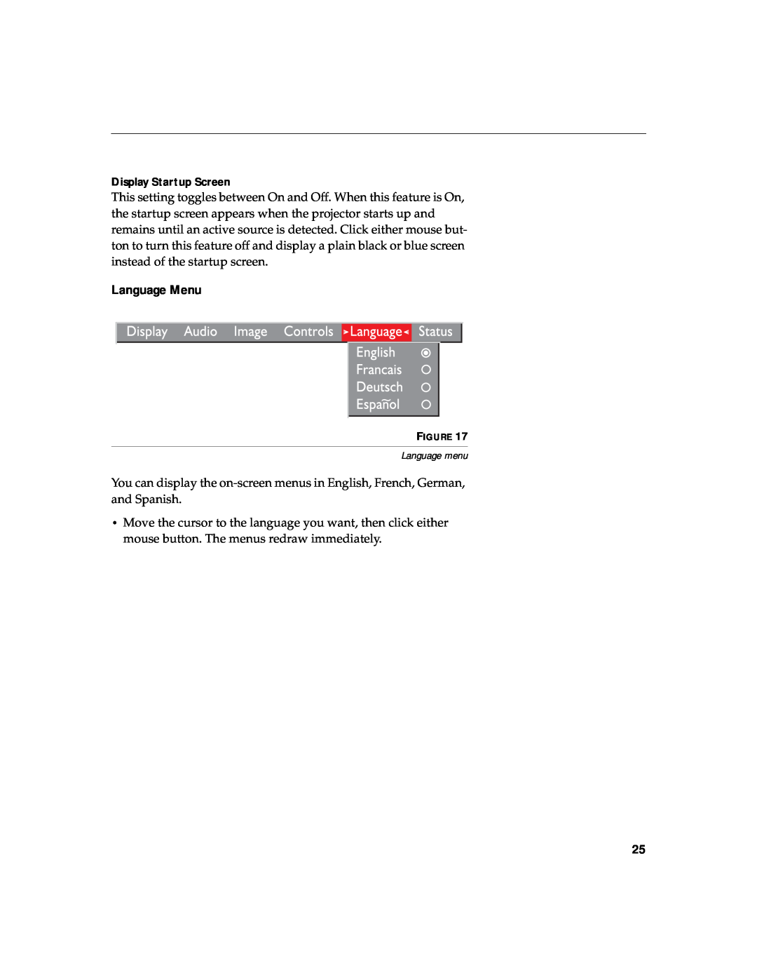 BOXLIGHT CD-40m manual Language Menu, Display Startup Screen 