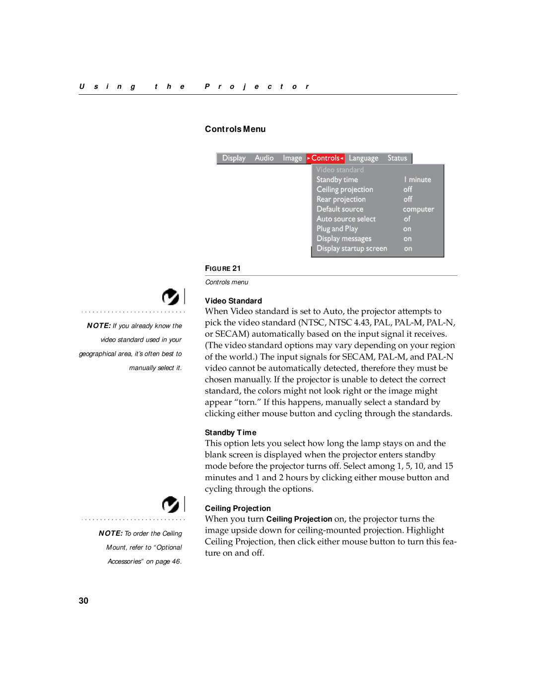 BOXLIGHT CD-550m, CD-450m manual Controls Menu, Video Standard, Standby Time, Ceiling Projection 