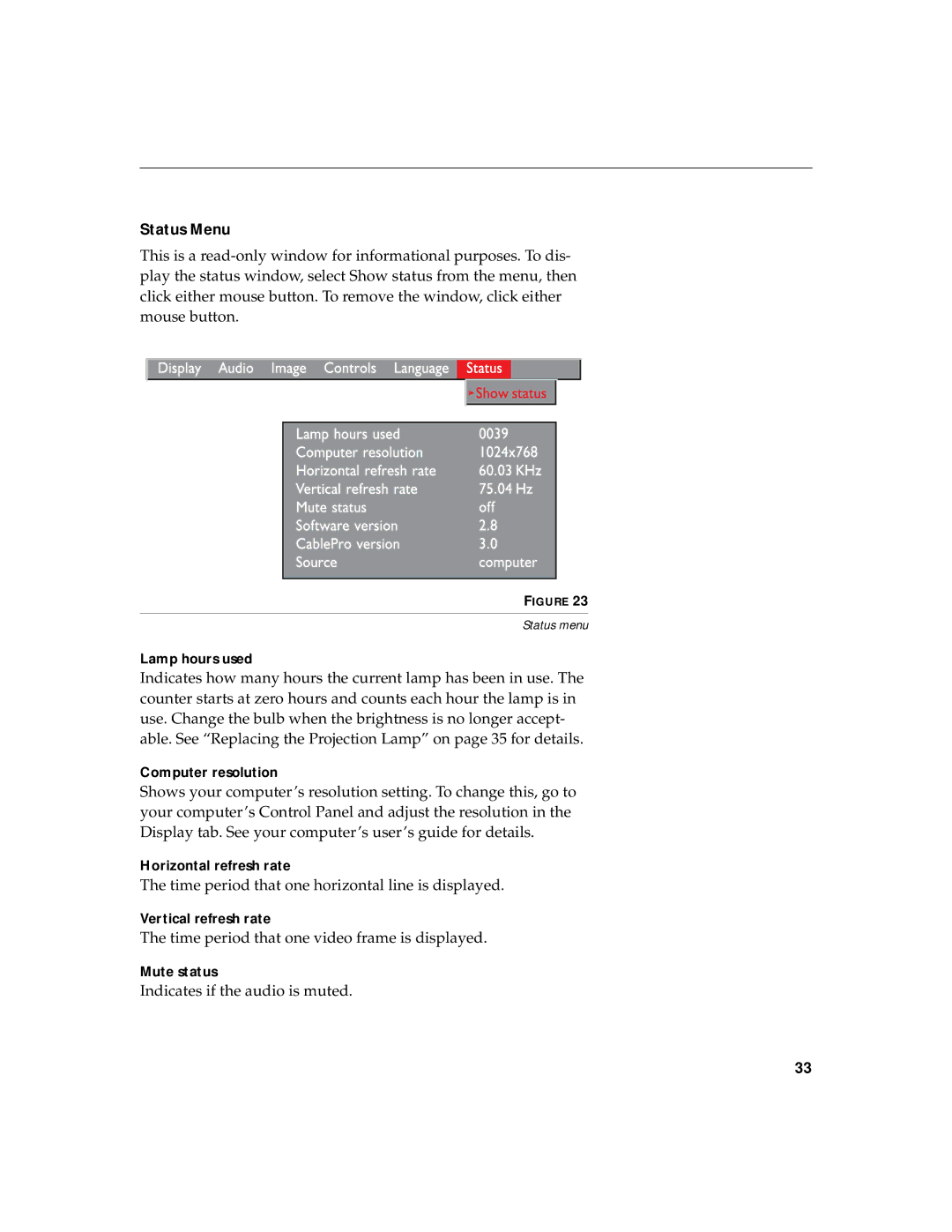 BOXLIGHT CD-450m, CD-550m manual Status Menu 