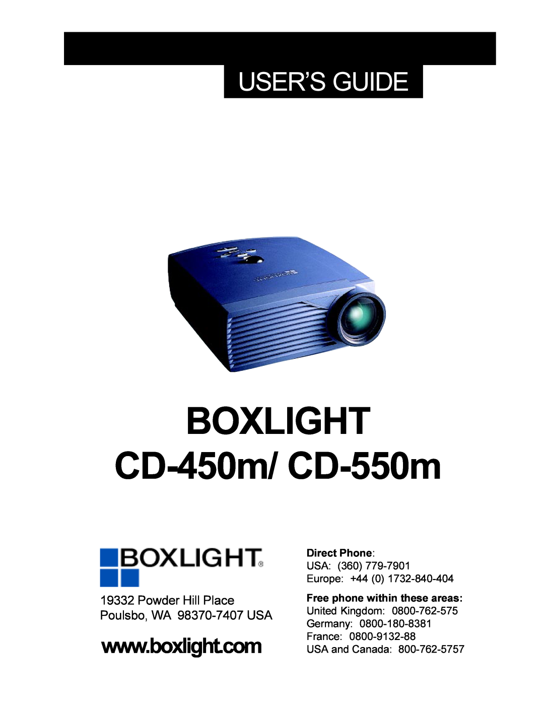 BOXLIGHT manual BOXLIGHT CD-450m/ CD-550m, User’S Guide, Powder Hill Place Poulsbo, WA 98370-7407 USA, Direct Phone 