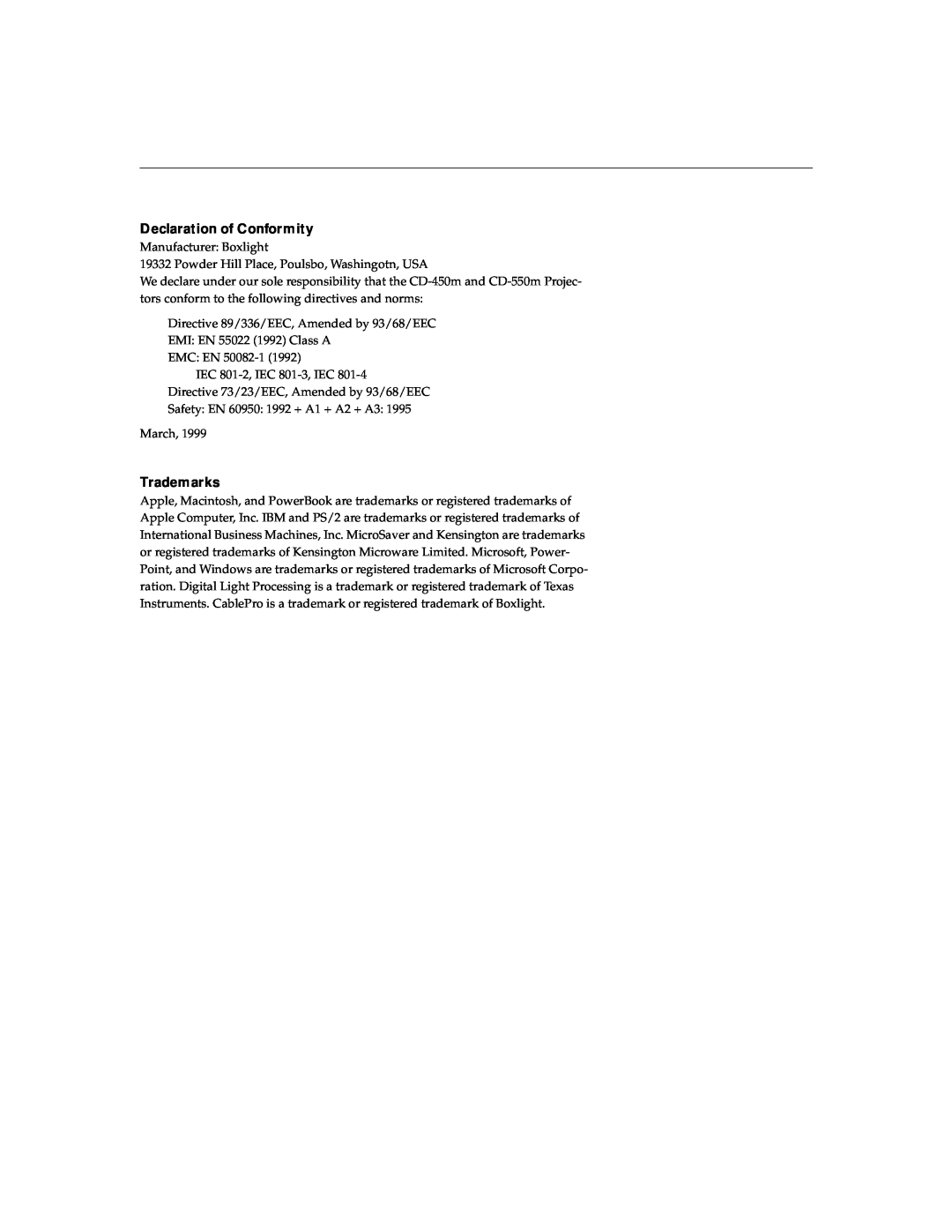 BOXLIGHT CD-450m, CD-550m manual Declaration of Conformity, Trademarks 