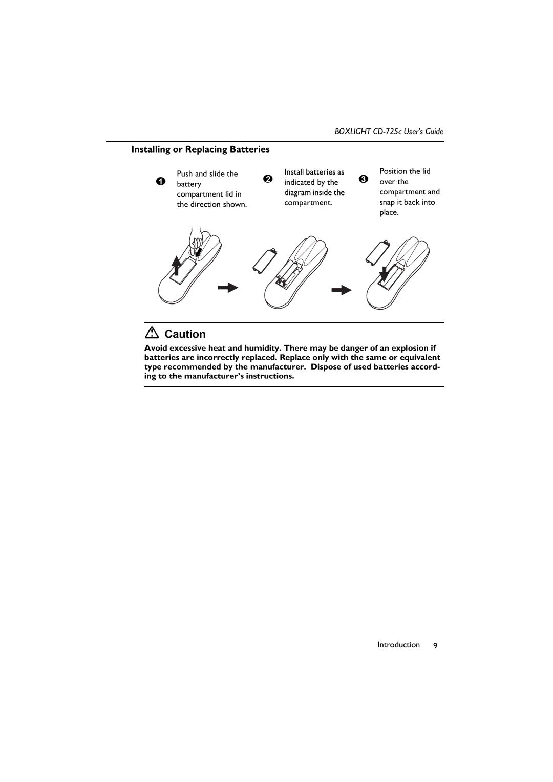 BOXLIGHT CD-725c manual Installing or Replacing Batteries 