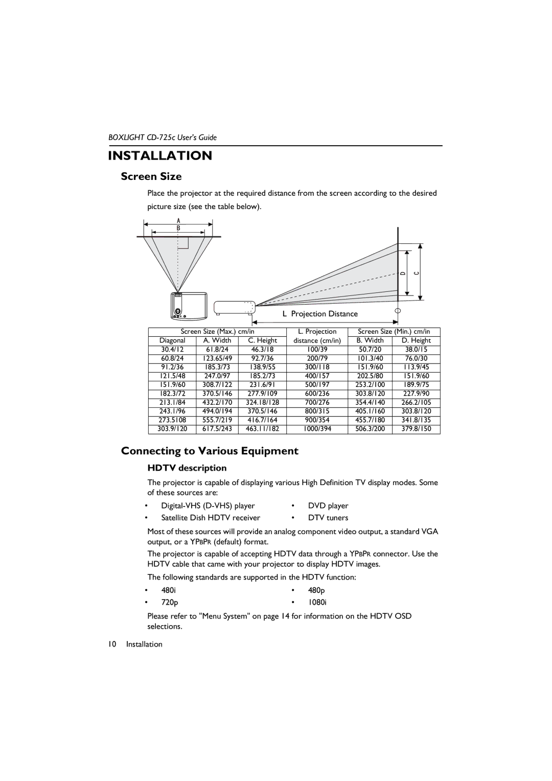 BOXLIGHT CD-725c manual Installation, Screen Size, Connecting to Various Equipment, Hdtv description 