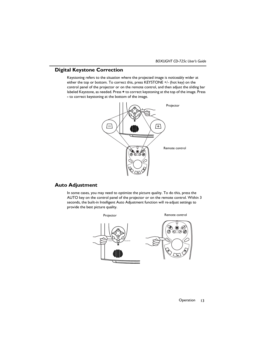 BOXLIGHT CD-725c manual Digital Keystone Correction, Auto Adjustment 