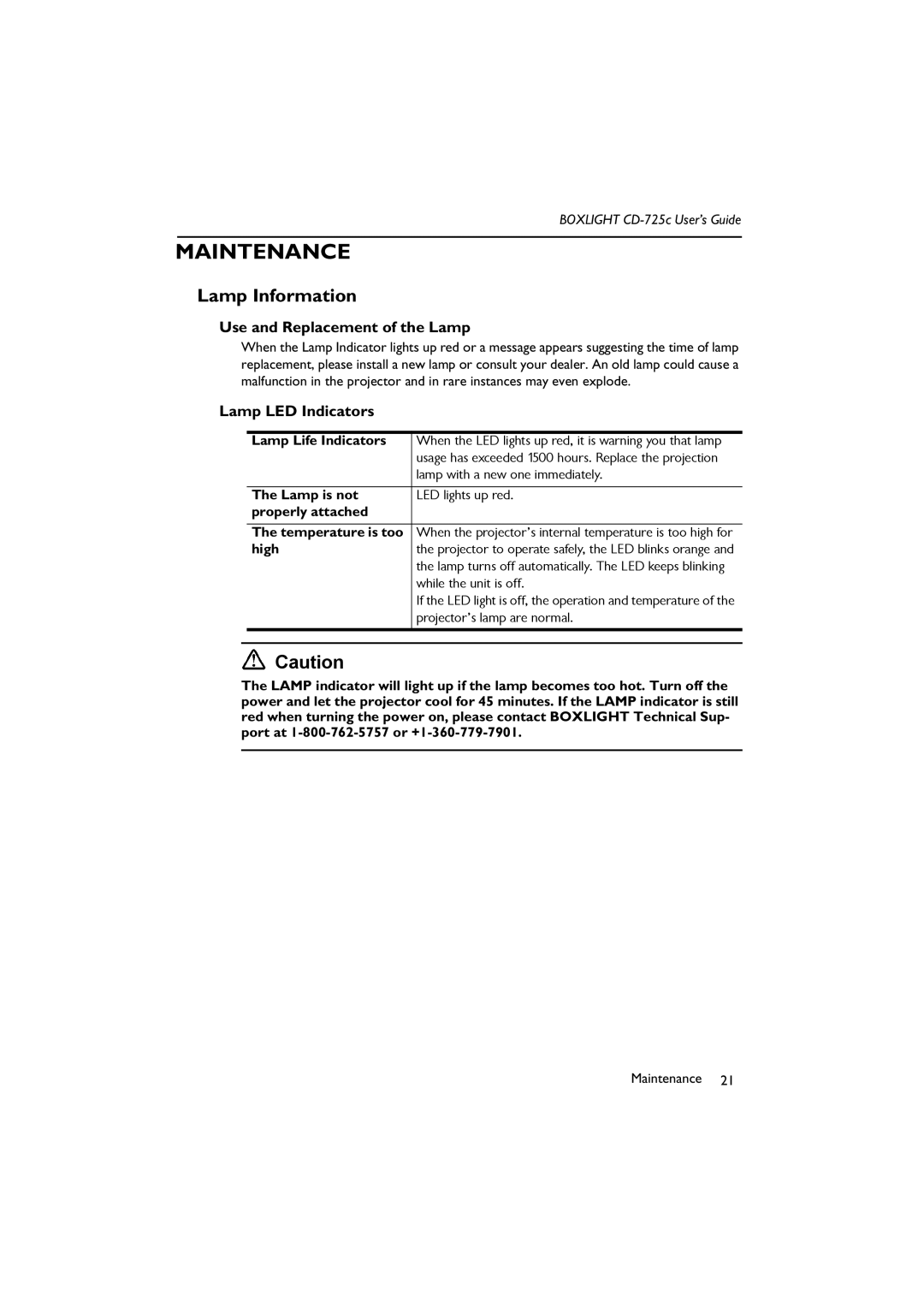 BOXLIGHT CD-725c manual Maintenance, Lamp Information, Use and Replacement of the Lamp, Lamp LED Indicators 