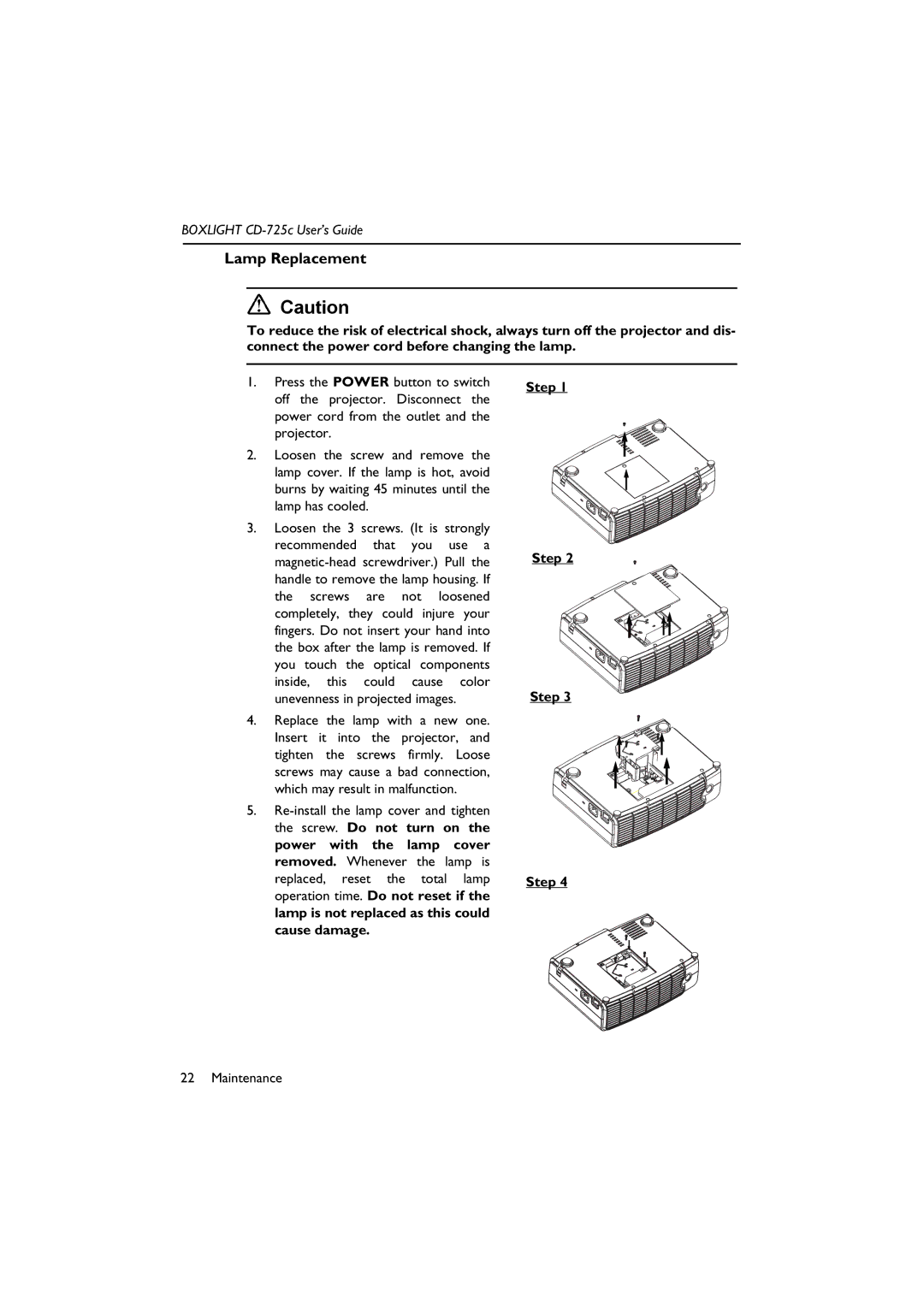 BOXLIGHT CD-725c manual Lamp Replacement, Step 