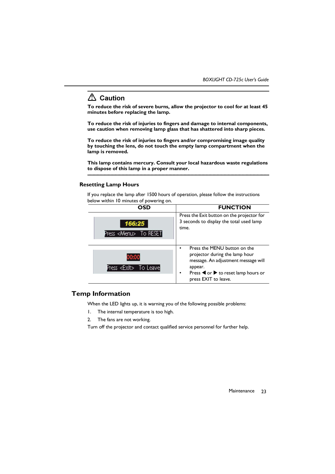 BOXLIGHT CD-725c manual Temp Information, Resetting Lamp Hours 