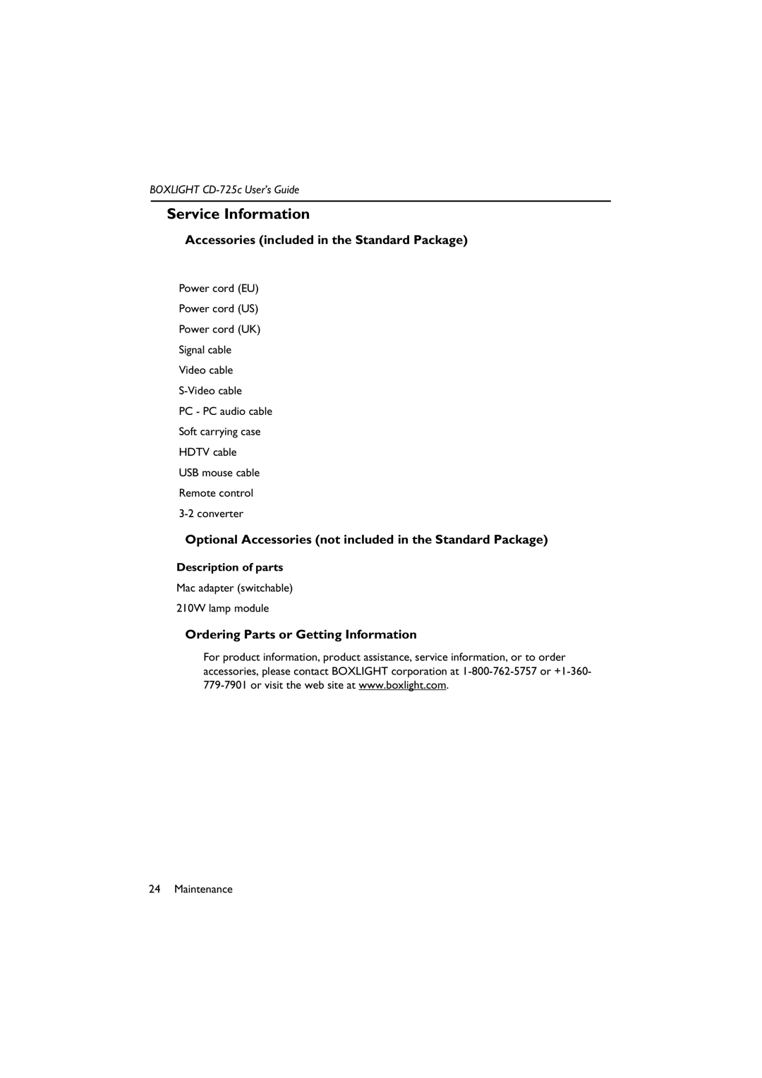 BOXLIGHT CD-725c Service Information, Accessories included in the Standard Package, Ordering Parts or Getting Information 